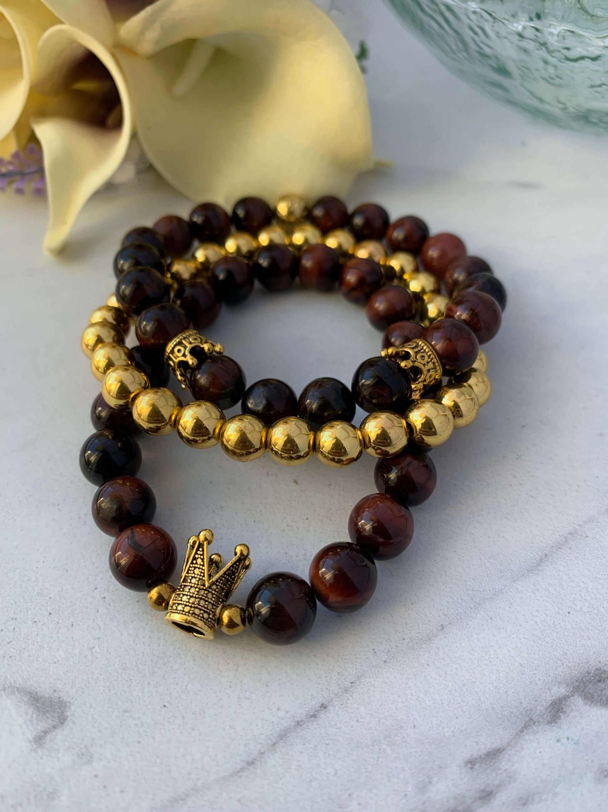Red Tiger Eye 10 mm beads, Gemstone Stretch Bracelet with Healing Properties, 3 Piece Set, Men Size 7 3/4 Charmed By Riss Handmade Custom Jewelry & Gift Boutique